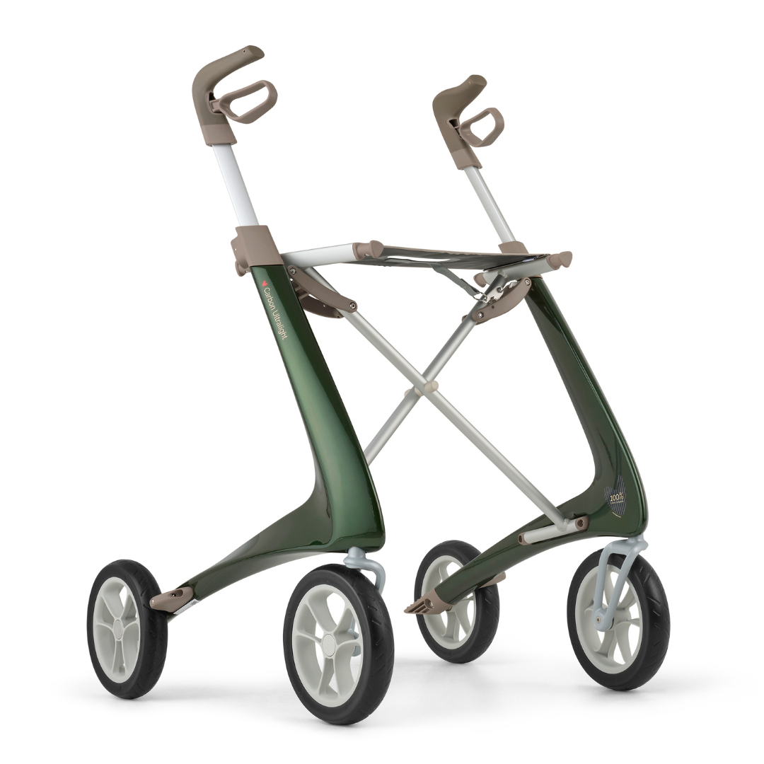 The ByACRE Ultralight Carbon Fiber Rollator (10.6 lbs) features a modern green and beige design, large wheels, ergonomic handles, and a lightweight frame for superior mobility support.